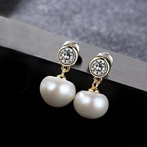 •Dainty Real Natural Freshwater Pearl & Sparkling Zircon Earrings– Classic Studs